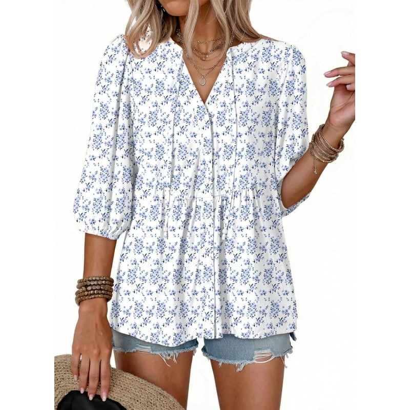 Women's Boho Floral V-Neck Button-Down Peplum Blouse