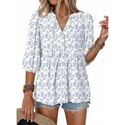 Women's Boho Floral V-Neck Button-Down Peplum Blouse