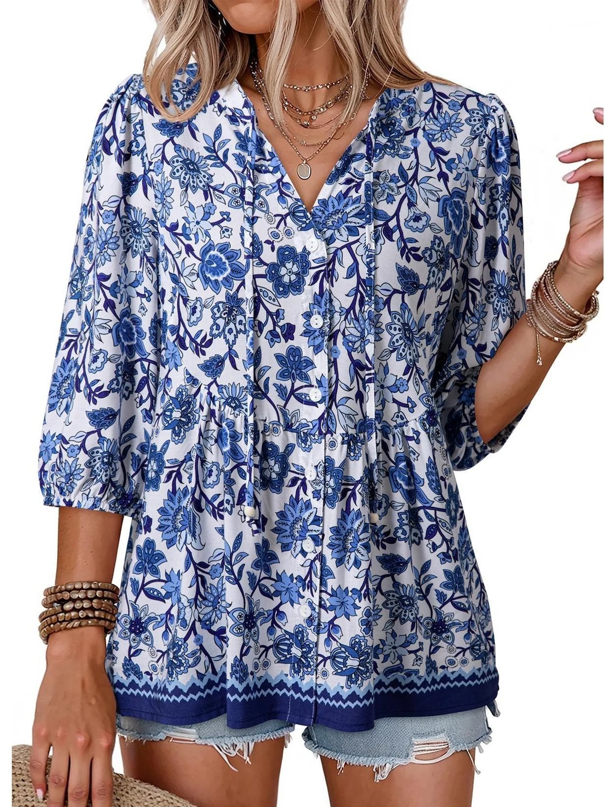 Women's Boho Floral V-Neck Button-Down Peplum Blouse