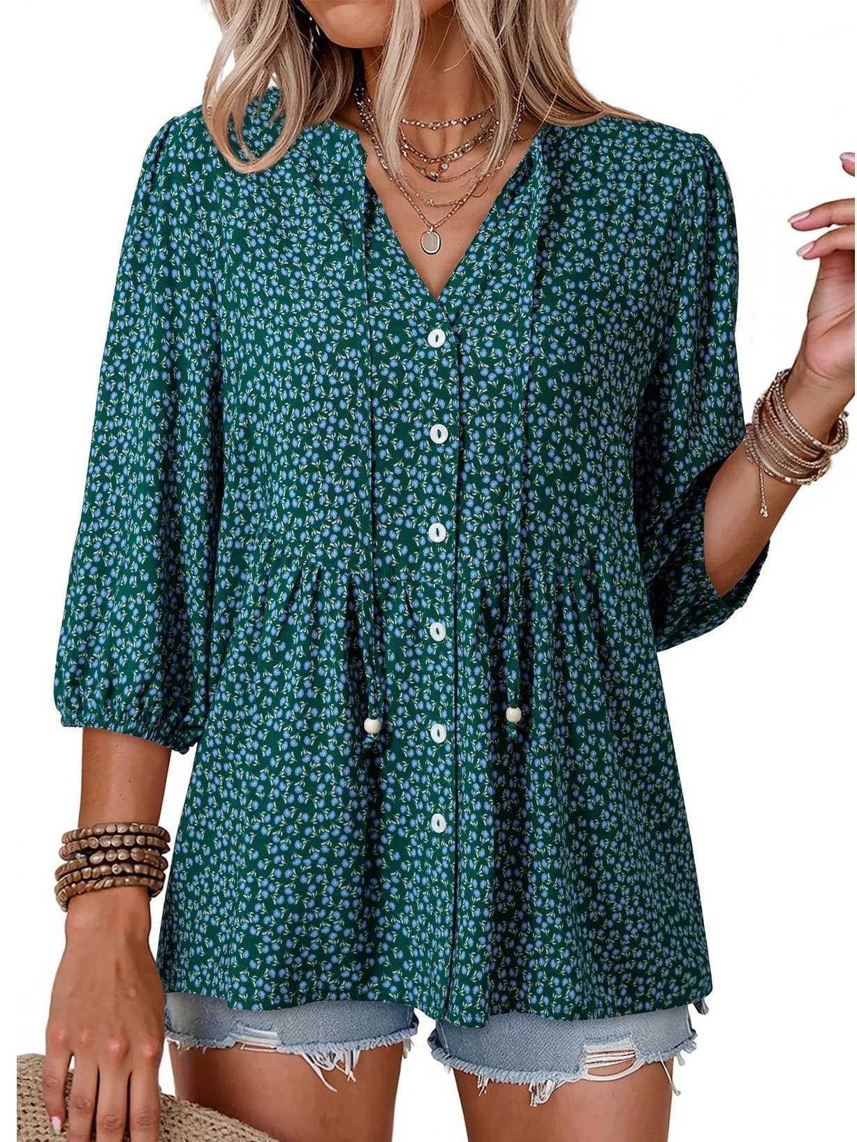 Women's Boho Floral V-Neck Button-Down Peplum Blouse
