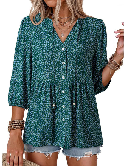 Women's Boho Floral V-Neck Button-Down Peplum Blouse