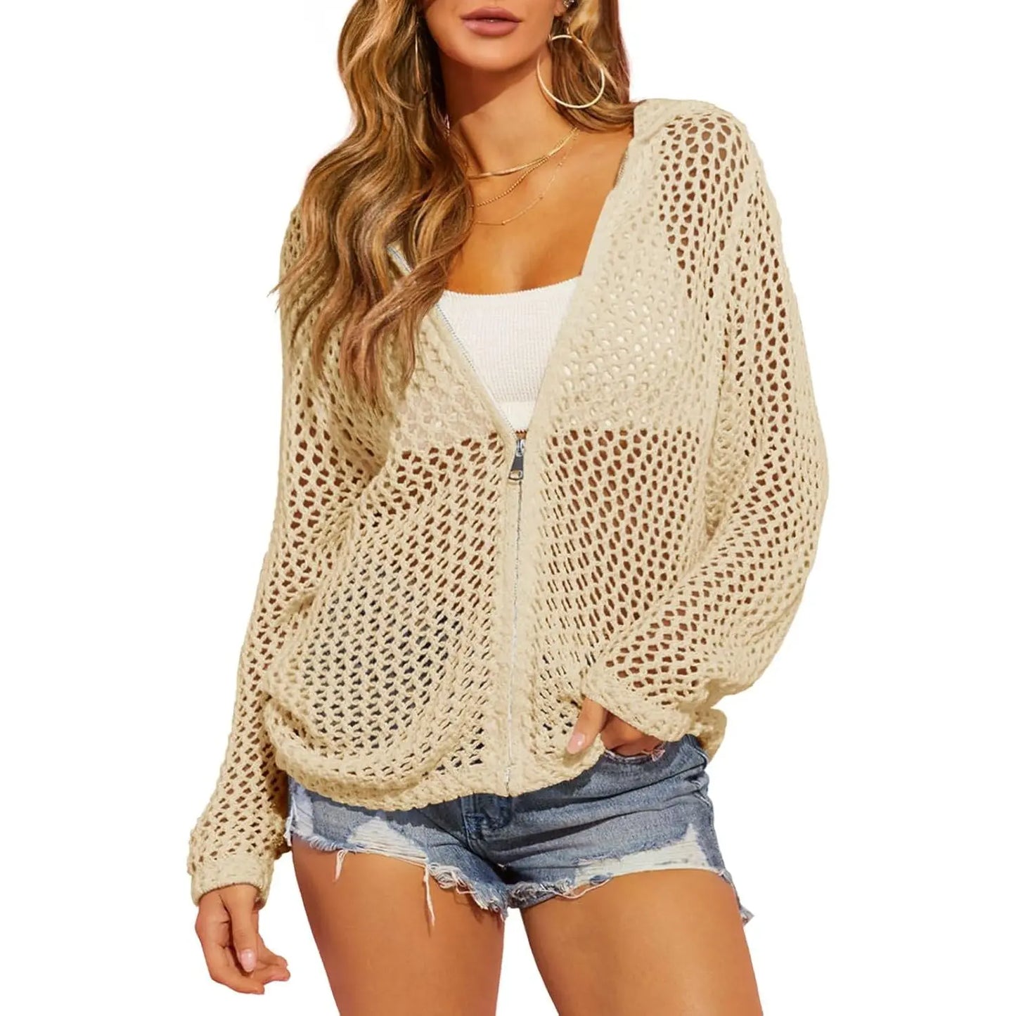 Womens Crochet Lightweight Cardigans Zip Up Hooded Cover Up