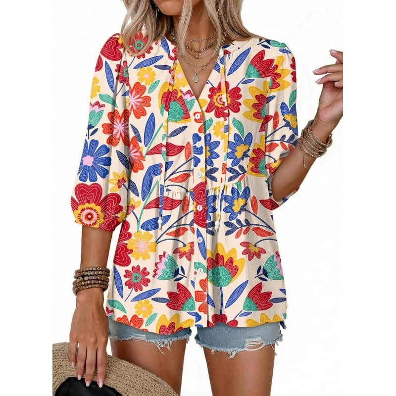Women's Boho Floral V-Neck Button-Down Peplum Blouse