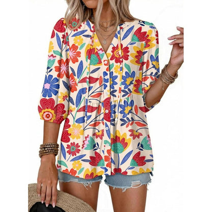 Women's Boho Floral V-Neck Button-Down Peplum Blouse
