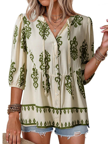 Women's Boho Floral V-Neck Button-Down Peplum Blouse