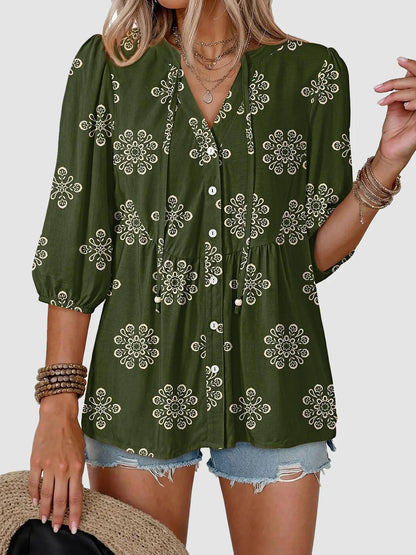Women's Boho Floral V-Neck Button-Down Peplum Blouse